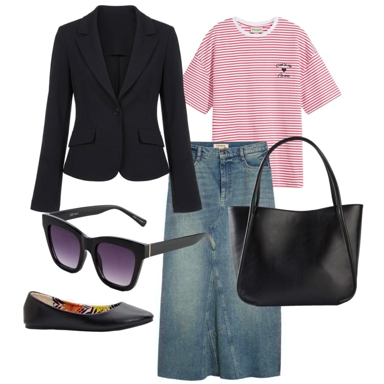 Outfit donna - Urban. per Tutti i giorni. Abbinamento con ballerine, shopping bag, t-shirt, gonne, occhiali da sole, blazer.