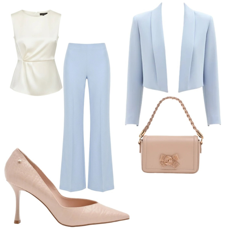 Outfit donna - Bon ton. Stile Bon Ton per Serata fuori. Abbinamento con pochette, décolleté, bluse, pantaloni a palazzo, blazer.