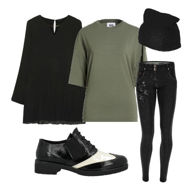 Outfit donna - Jeans classico. Stile Trendy per Scuola/Università. Abbinamento con t-shirt, scarpe stringate, cappelli, bluse, jeans skinny.