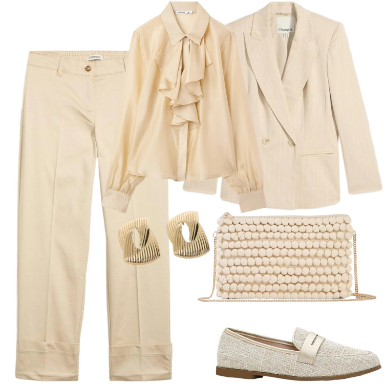 Outfit donna - A lavoro in tinta unita. Stile Casual chic per Ufficio. Abbinamento con pantaloni chino, mocassini, blazer, borse a tracolla, orecchini, camicie.