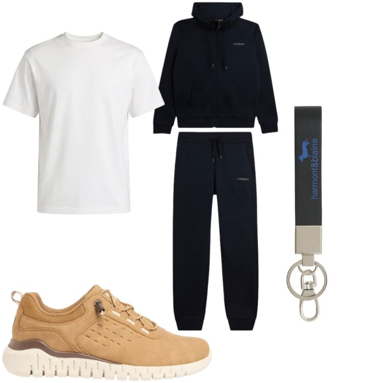 Outfit uomo - Total look #2374135. Stile Trendy per Sport. Abbinamento con sneakers, t-shirt, portachiavi, tute sportive.