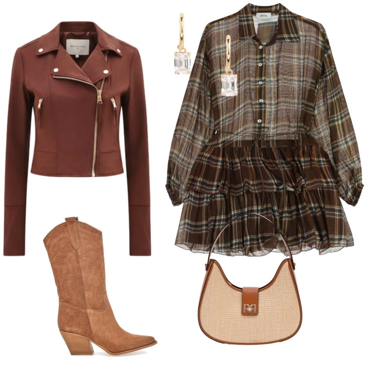 Outfit donna - Trendy in primavera. Stile Trendy per Tutti i giorni. Abbinamento con vestiti corti, borse a spalla, giacche, orecchini, stivaletti texani.