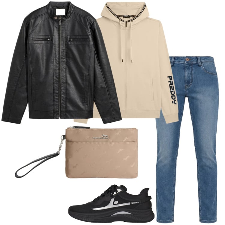 Outfit uomo - Total look #2374144. Stile Casual per Tutti i giorni. Abbinamento con giacche, borse sportive, jeans, felpe con cappuccio, sneakers.