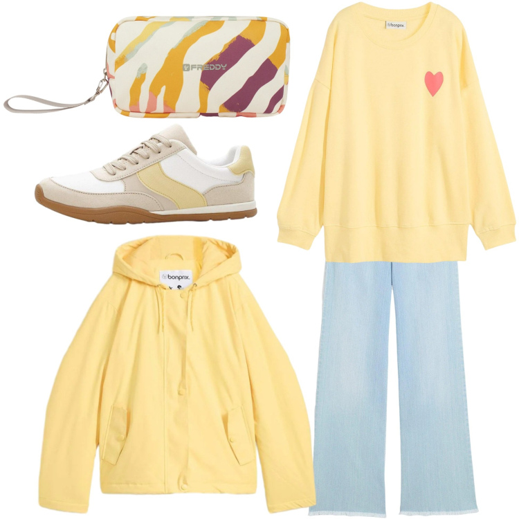 Outfit donna - Yellow touch. Stile Casual per Tutti i giorni. Abbinamento con jeans, felpe, sneakers, blazer, valigie.