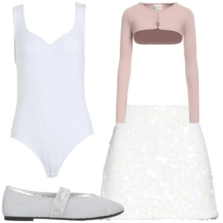 Outfit donna - Rientro delle ballerine. Stile Chic per Sport. look ideale per Tall. Abbinamento con body, minigonne, ballerine, blazer.