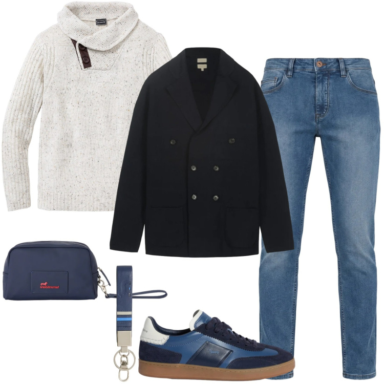 Outfit uomo - Look quotidiano curato. Stile Casual per Ufficio. Abbinamento con maglieria, portachiavi, borse sportive, sneakers, jeans, cardigans.