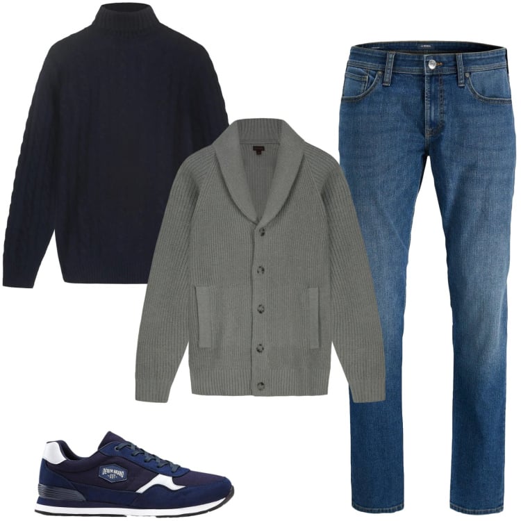 Outfit uomo - Total look #2374154. Stile Casual per Ufficio. Abbinamento con sneakers, jeans, maglieria, cardigans.