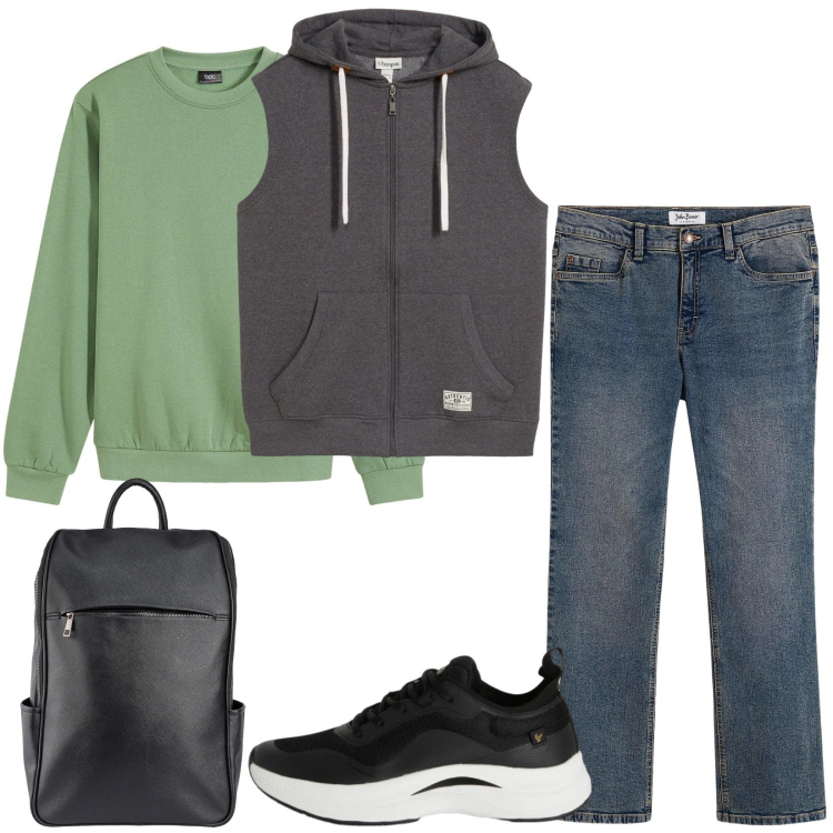 Outfit uomo - I miei jeans preferiti. Stile Casual per Tutti i giorni. Abbinamento con jeans bootcut, felpe, gilet, sneakers, borse sportive.