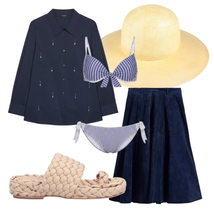 Outfit donna - primavera al mare curvy. Stile Romantica per Mare. Abbinamento con ciabatte, cappelli, gonne, camicie, bikini.