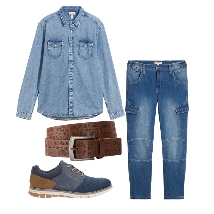 Outfit uomo - Aprile. Stile Casual per Tutti i giorni. Abbinamento con cinture, camicie, jeans dritti, scarpe stringate.