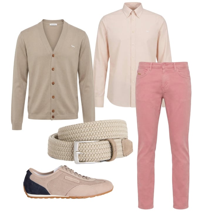 Outfit uomo - Aprile. Stile Trendy per Tutti i giorni. Abbinamento con sneakers, cinture, cardigans, pantaloni, camicie.
