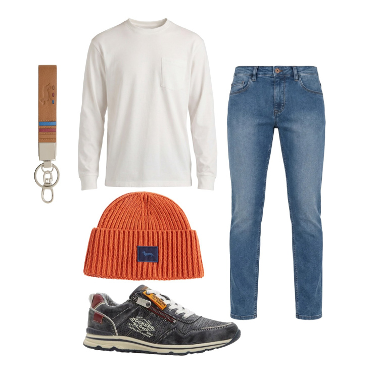 Outfit uomo - Aprile. Stile Trendy per Tutti i giorni. Abbinamento con sneakers, portachiavi, t-shirt, jeans, berretti.