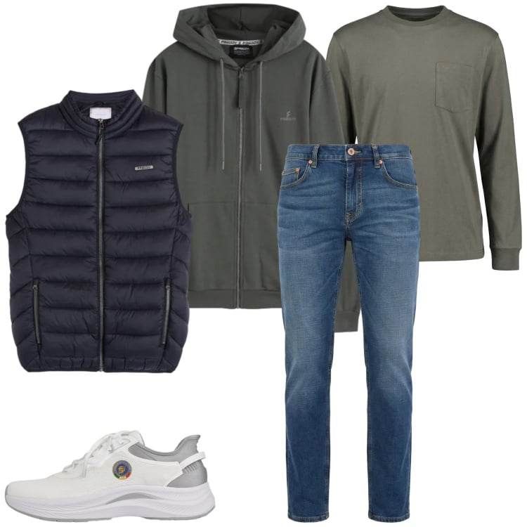 Outfit uomo - Total look #2374170. Stile Casual per Tutti i giorni. Abbinamento con t-shirt, jeans, piumini, felpe con cappuccio, scarpe sportive.