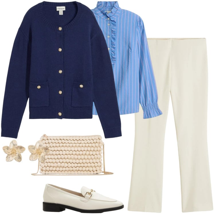 Outfit donna - Sexy pantaloni in tessuto elasticizzato. Stile Casual per Ufficio. Abbinamento con camicie, mocassini, cardigans, borse a tracolla, orecchini, pantaloni.