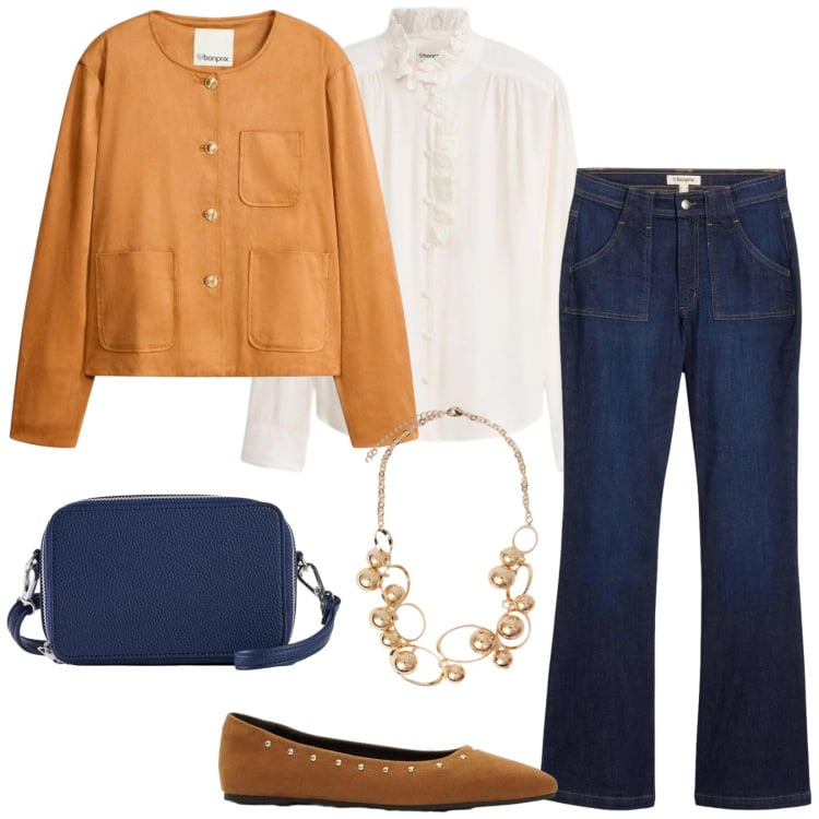 Outfit donna - La blusa romantica in ufficio. Stile Casual per Tutti i giorni. Abbinamento con camicie, ballerine, blazer, borse a tracolla, jeans a zampa, collane.