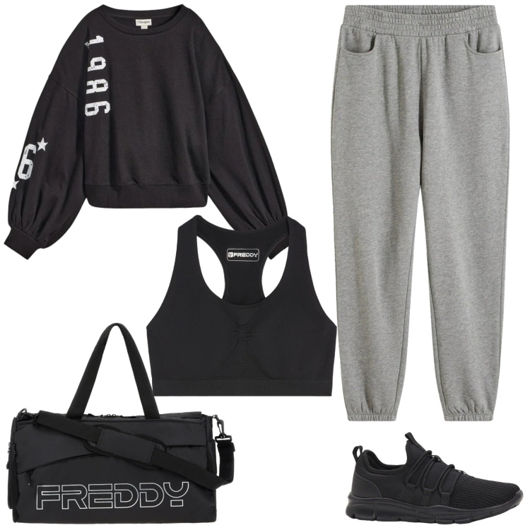 Outfit donna - In forma. Stile Basic per Sport. Abbinamento con sneakers, felpe, pantaloni, borse sportive, reggiseni.