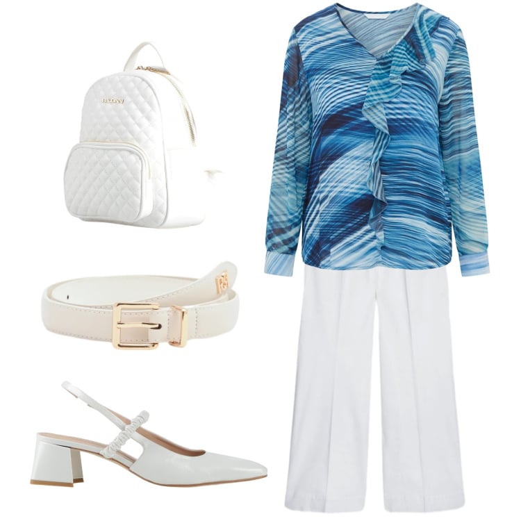 Outfit donna - Blu e bianco. Stile Romantica per Ufficio. Abbinamento con décolleté, zaini, pantaloni, bluse, cinture.