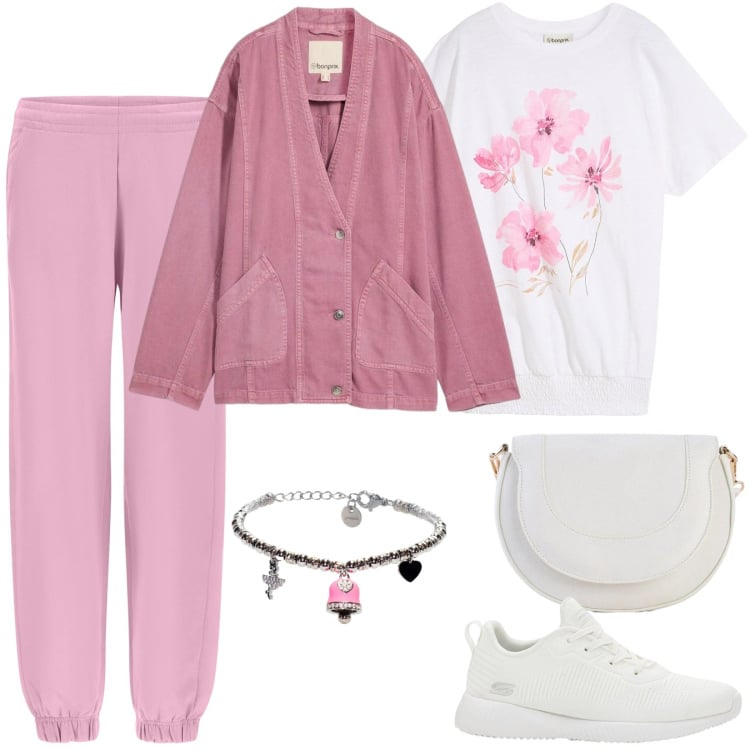 Outfit donna - Giacca da mezza stagione. Stile Basic per Sport. Abbinamento con blazer, sneakers, t-shirt, borse a tracolla, pantaloni, braccialetti.