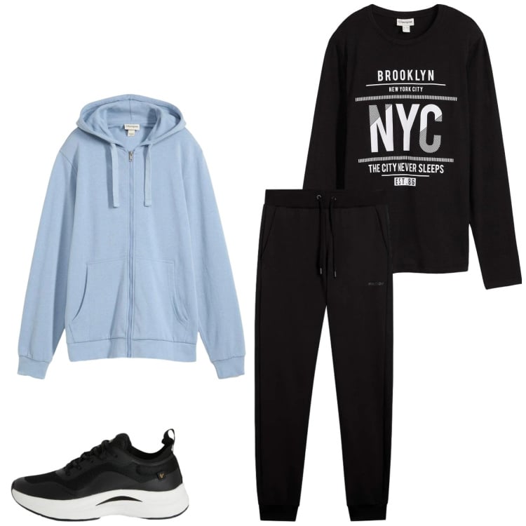 Outfit uomo - Total look #2374187. Stile Trendy per Sport. Abbinamento con maglieria, felpe con cappuccio, sneakers, pantaloni.