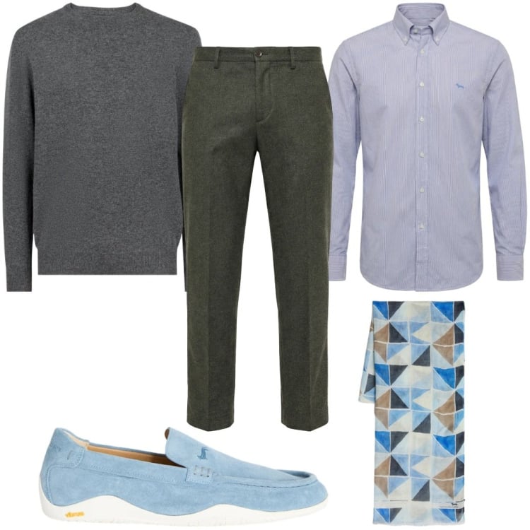 Outfit uomo - Total look #2374188. Stile Casual per Tutti i giorni. Abbinamento con sciarpe, scarpe stringate, pantaloni chino, camicie, maglieria.