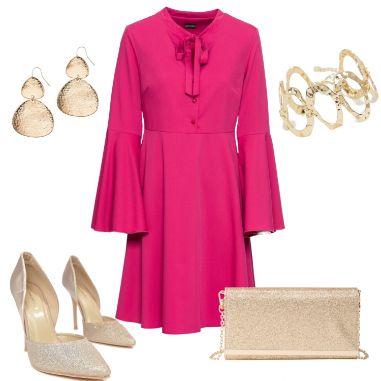 Outfit donna - Una sera in fragola e oro. Stile Chic per Serata fuori. Abbinamento con vestito con fiocco e scollo fucsia, orecchini, pochette, décolleté glitter con tacco spillo, bracciale in denim con catenina oro.
