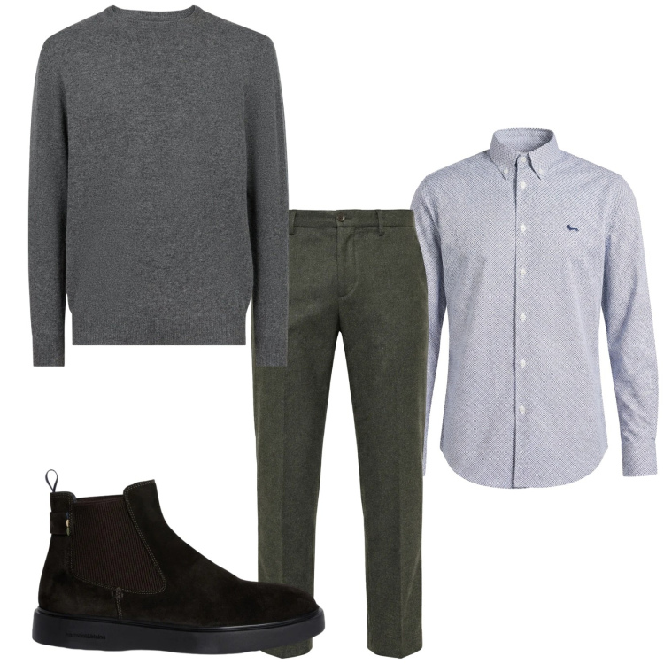 Outfit uomo - Total look #2374191. Stile Business/Elegante per Ufficio. Abbinamento con camicie, pantaloni chino, stivali e stivaletti, maglieria.