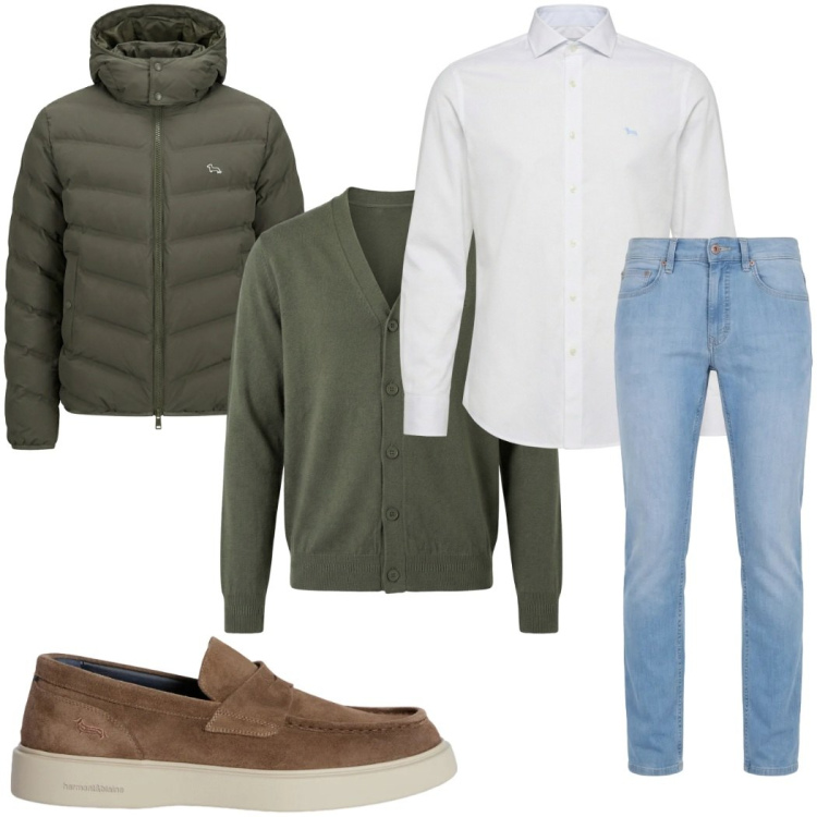 Outfit uomo - Total look #2374195. Stile Casual per Tutti i giorni. Abbinamento con jeans, scarpe stringate, piumini, cardigans, camicie.