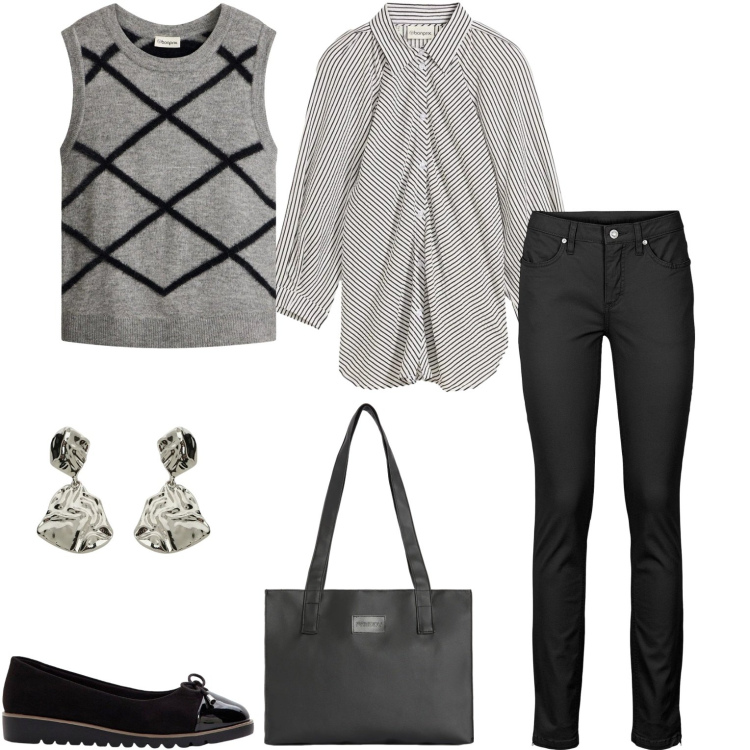 Outfit donna - In ufficio con originalità. Stile Casual per Tutti i giorni. Abbinamento con maglieria, jeans skinny, camicie, ballerine, orecchini, shopping bag.