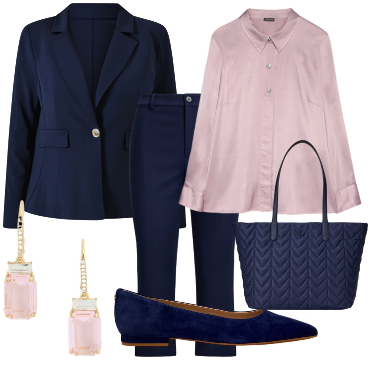 Outfit donna - Ufficio style. Stile Bon Ton per Ufficio. Abbinamento con camicie, blazer, ballerine, pantaloni, borse tote, orecchini.