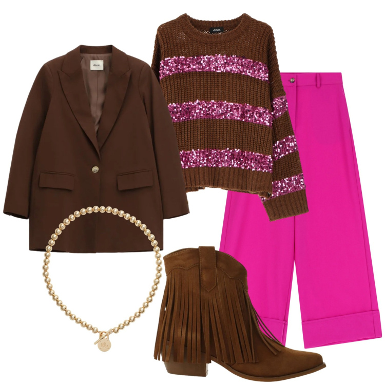 Outfit donna - Alternative. Stile Vintage retrò per Ufficio. Abbinamento con stivaletti texani, pantaloni a palazzo, blazer, maglieria, collane.