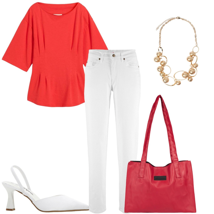 Outfit donna - Pomeriggio al club. Stile Casual chic per Serata fuori. Abbinamento con bluse, jeans mom, décolleté, collane, shopping bag.