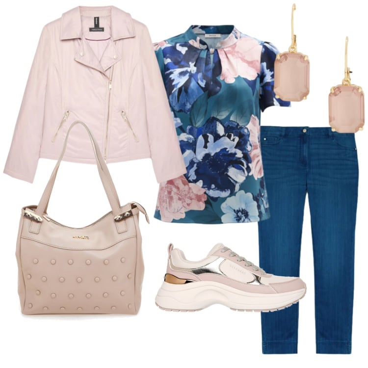 Outfit donna - Only for women. Stile Glamour per Tutti i giorni. Abbinamento con bluse, piumini, jeans skinny, orecchini, sneakers, shopping bag.