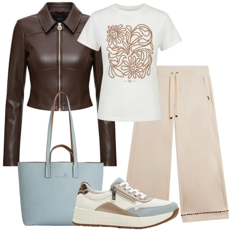 Outfit donna - Delicati abbinamenti. Stile Casual per Tutti i giorni. Abbinamento con sneakers, shopping bag, t-shirt, giacche, pantaloni.