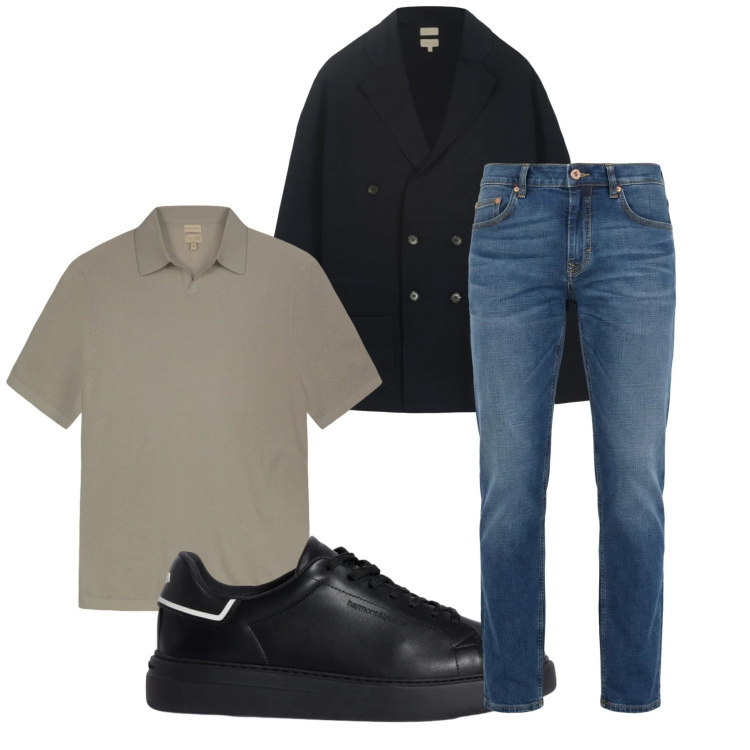 Outfit uomo - L\'Eleganza del Casual Contemporaneo. Stile Urban per Tutti i giorni. Abbinamento con sneakers, jeans, cardigans, polo.
