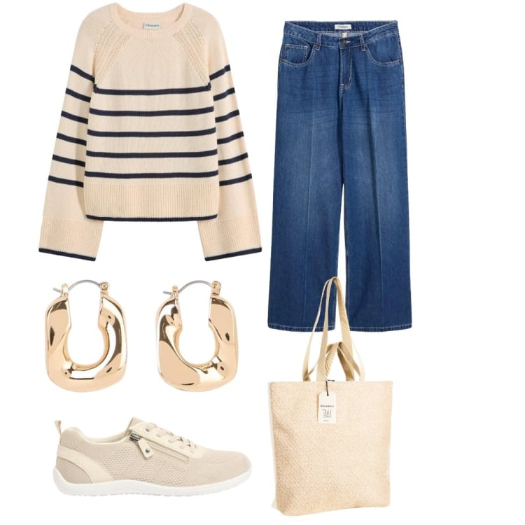 Outfit donna - Total look #2374207. Stile Casual chic per Ufficio. Abbinamento con jeans, maglieria, sneakers, orecchini, borse tote.