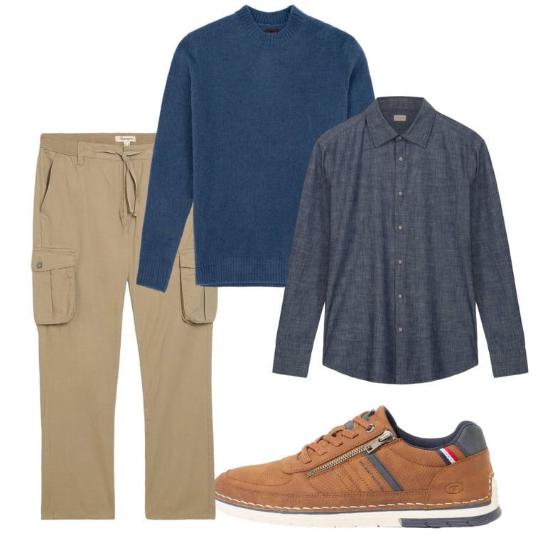 Outfit uomo - Marzo. Stile Casual per Tutti i giorni. Abbinamento con pantaloni cargo, sneakers, camicie, maglieria.