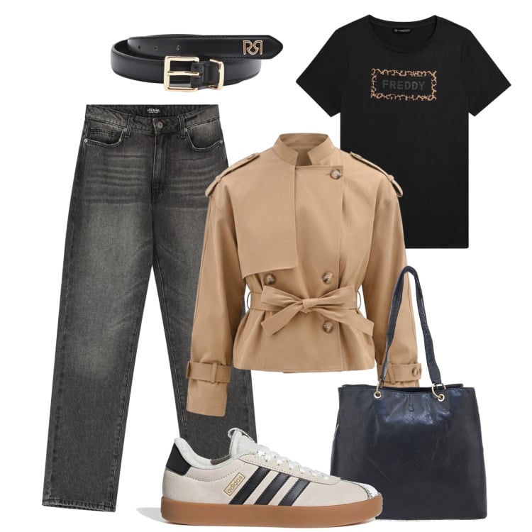 Outfit donna - Primavera urbana. Stile Urban per Tutti i giorni. Abbinamento con caban, cinture, jeans dritti, t-shirt, sneakers, shopping bag.