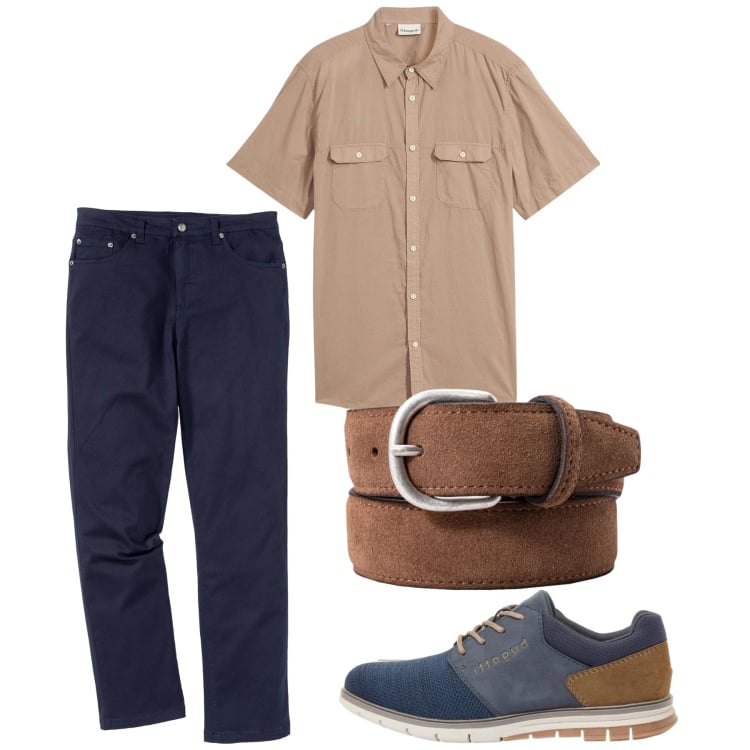 Outfit uomo - Marzo. Stile Casual per Tutti i giorni. Abbinamento con pantaloni, camicie a manica corta, scarpe stringate, cinture.