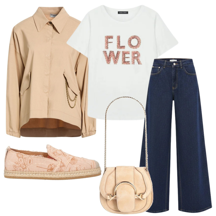 Outfit donna - Flower. Stile Casual per Tutti i giorni. Abbinamento con marsupi, camicie, espadrillas, t-shirt, jeans.