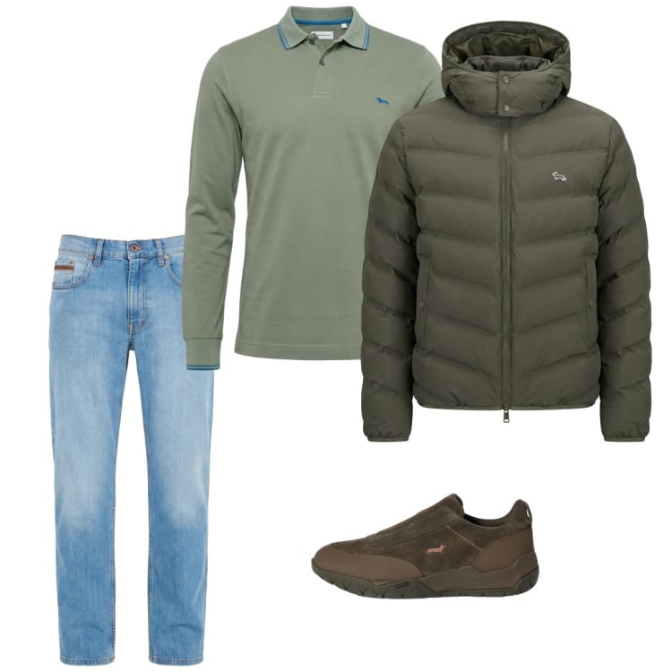 Outfit uomo - Marzo. Stile Casual per Tutti i giorni. Abbinamento con jeans, polo, piumini, sneakers.