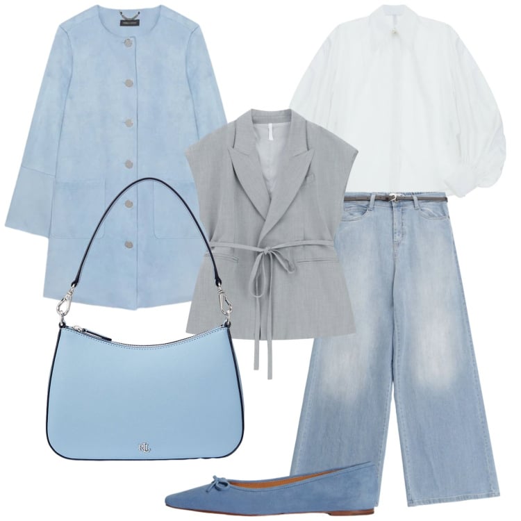 Outfit donna - Celeste Velour. Stile Urban per Ufficio. Abbinamento con cappotti, jeans, gilet, camicie, borse a spalla, ballerine.