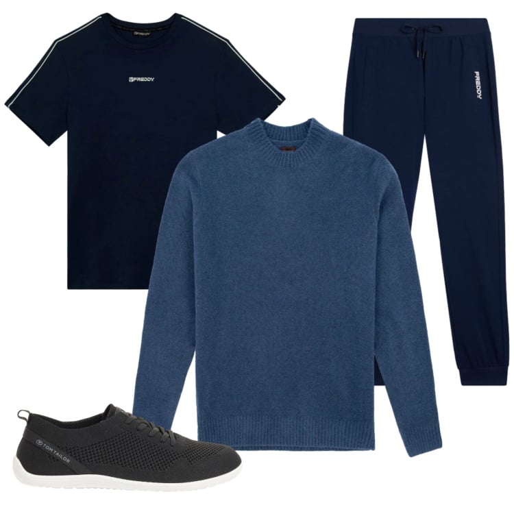 Outfit uomo - Eleganza spirituale. Stile Urban per Tutti i giorni. Abbinamento con sneakers, t-shirt, pantaloni, maglieria.
