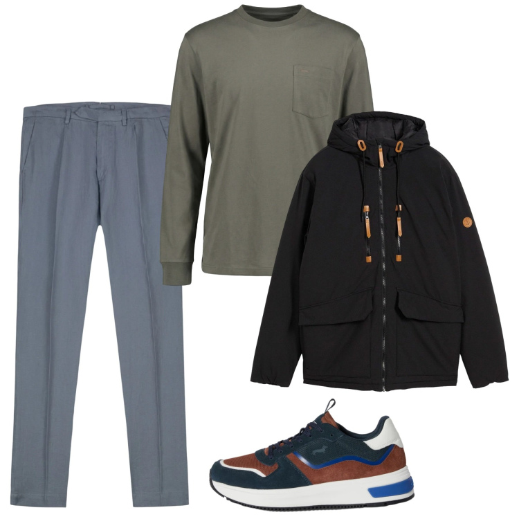 Outfit uomo - Weekend. Stile Casual per Tutti i giorni. Abbinamento con piumini, t-shirt, sneakers, pantaloni.