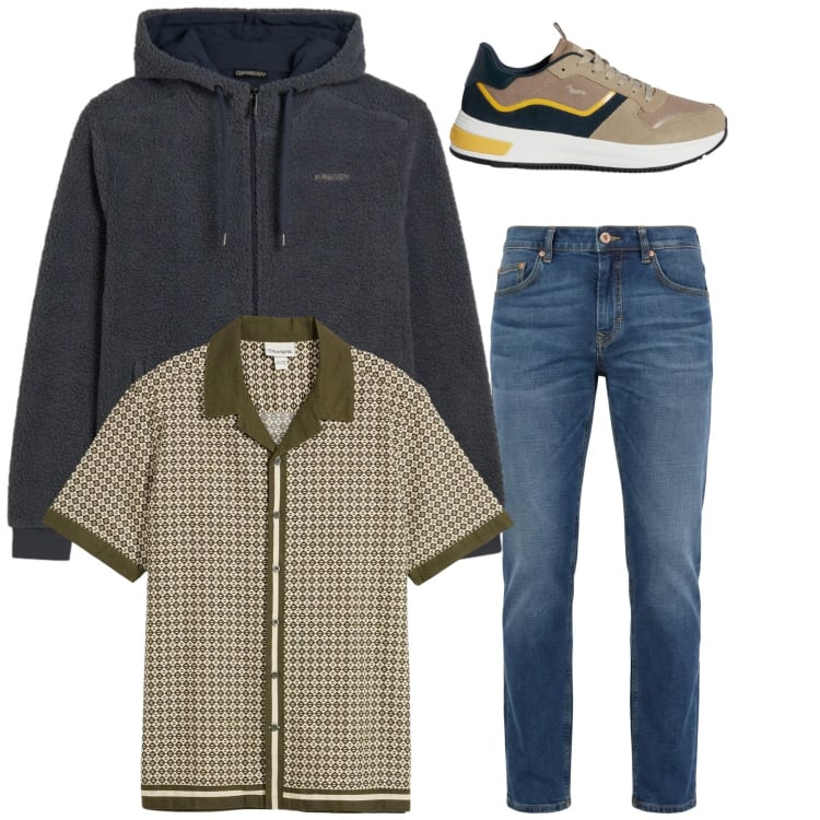 Outfit uomo - Total look #2374271. Stile Urban per Tutti i giorni. Abbinamento con camicie a manica corta, sneakers, jeans, felpe con cappuccio.