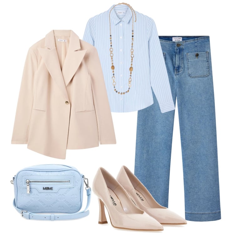 Outfit donna - Jeans, chic e saldi. Stile Casual chic per Tutti i giorni. Abbinamento con blazer, jeans, camicie, collane, décolleté, borse a tracolla.