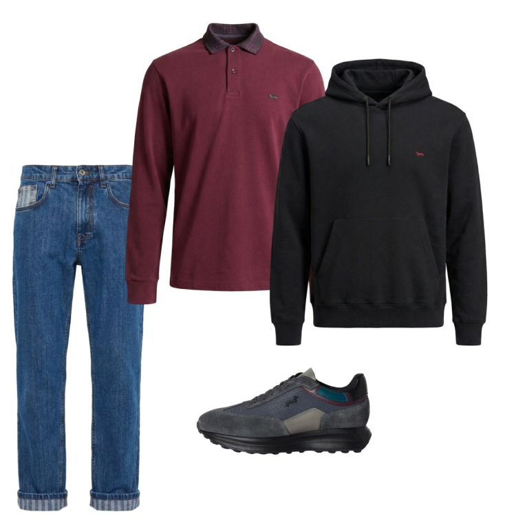 Outfit uomo - Marzo. Stile Casual per Tutti i giorni. Abbinamento con jeans, sneakers, polo, felpe con cappuccio.