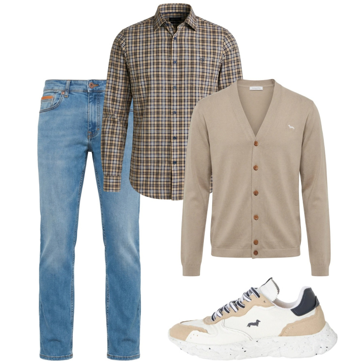 Outfit uomo - Marzo. Stile Casual per Tutti i giorni. Abbinamento con sneakers, camicie, cardigans, jeans.