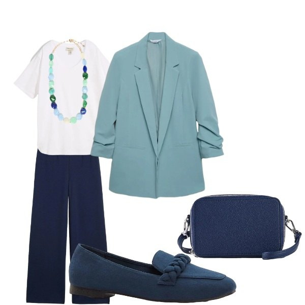 Outfit donna - collana grezza. Stile Basic per Tutti i giorni. Abbinamento con t-shirt, pantaloni, mocassini, borse a tracolla, blazer, collane.