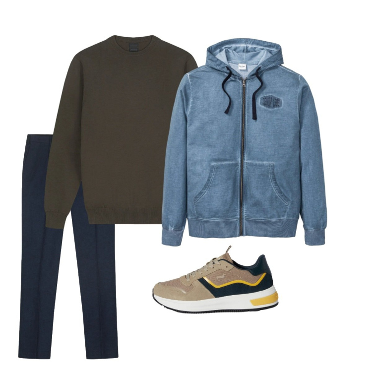 Outfit uomo - Marzo. Stile Casual per Tutti i giorni. Abbinamento con felpe con cappuccio, sneakers, maglieria, pantaloni.