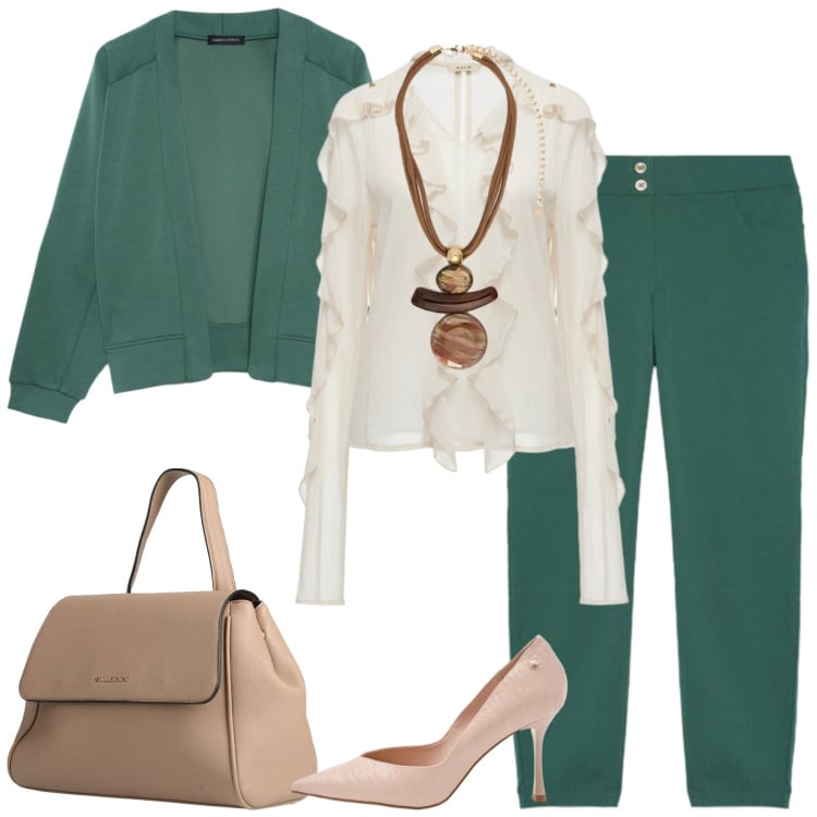 Outfit donna - In verde al lavoro. Stile Casual chic per Ufficio. Abbinamento con zaini, felpe, ciondoli, pantaloni skinny, décolleté, bluse.